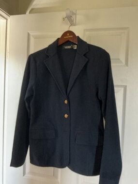 Beautiful Classic Lauren Ralph Lauren Navy Sweater Blazer w/ 3 gold buttons PM